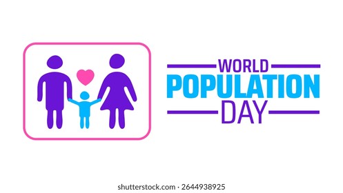 Plano de fundo ou design de banner do Dia Mundial da População.  Ícone familiar estilizado Pais e filhos com coração sobre fundo branco, simbolizando demografia e comunidade global.
