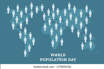 World Population Day background design with world map and people icon above it. Flat style vector illustration of awareness global overpopulated issues for international event poster and banner.