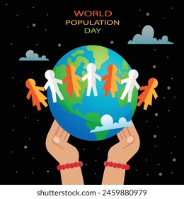 World population day background with world map and paper people