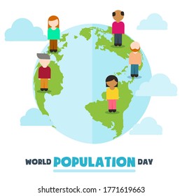 World Population Day, cartoon people, friendship on Earth globe, poster, template for web, vector illustration