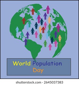 World Population Day concept with a globe, human silhouettes, and statistical growth graphics highlighting global demographics.