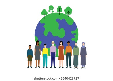World Population Day Concept with Human Silhouettes and Globe. Vector illustration for World Population Day showing human silhouettes around a globe, symbolizing global population growth and awareness