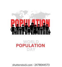 World Population Day Concept world Map in Background. so many people in front of map. World Population Day, banner, poster, social media post, vector illustration, awareness, observance, 11th July