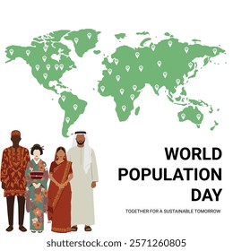 A World Population Day design featuring a diverse group of people from different cultures standing in front of a green world map, symbolizing global unity and awareness of population challenges