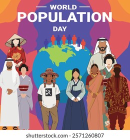 A World Population Day design featuring diverse people from various cultures standing in front of a global map, symbolizing unity and awareness of population issues