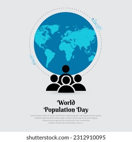 Vector de diseño del Día Mundial de la Población con mapa del mundo y silueta de personas. Vector de fondo del Día Mundial de la Población