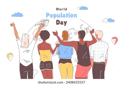 World population day doodle poster. International holiday and festival 11 July. Men and women hug each other. Good relations between different ethnicities. Linear flat vector illustration