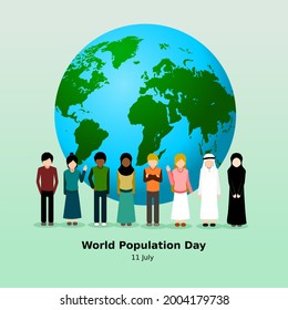 world population day flat vector with different ethnicities on humanity theme