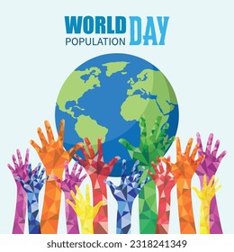 World population day flat vector illustration with colorful low polly and text