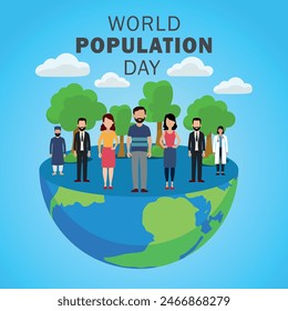 World Population Day flat vector illustration with world map, earth and group of colorful diverse people