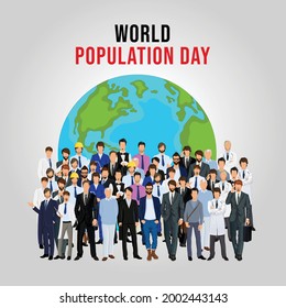 World Population day. flyer, banner. with people and globe