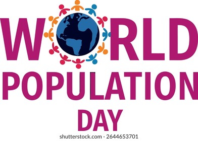 World Population Day graphic design featuring a stylized Earth encircled by colorful human figures, isolated on a white background.  Perfect for awareness campaigns and educational materials.