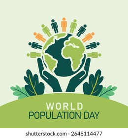 World Population Day: Green Earth Held in Caring Hands, Diverse People Unity, Eco-Friendly Design