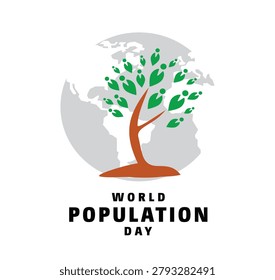 World Population Day illustration featuring a tree and globe concept symbolizing population awareness, sustainability, environment and global development.
