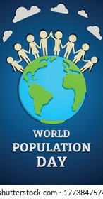 World Population Day, July 11. Earth Globe with people holding hand paper cut out vector graphic
