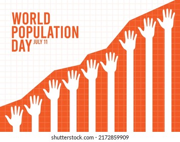 World Population Day. July 11. Vector Illustration Of Human Population Increase Curve. Silhouette Of Hands Raised Up. Abstract Background. Flat Design Vector Illustration.