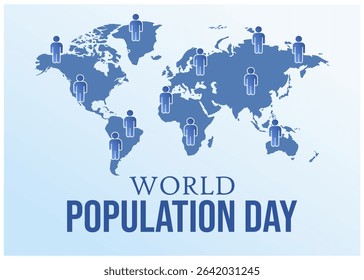 World population day july 11. Banner, flyer, poster template in blue color with world map and people icon