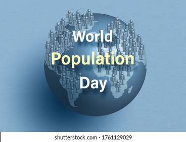 "World Population Day" lettering on crowd of people in 3d icon style with the blue global isolate on blue paper pattern background. Card and poster's campaign in 3d style and vector design.