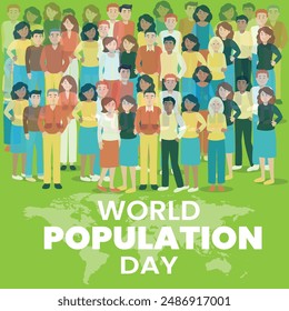 World population day world map and people, color illustration of the location of the human population on earth. Vector art illustration. eps file. 11th july.