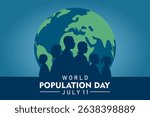 World Population Day on 11th July, banner or poster. Silhouette of diverse people in front of a globe. Vector Illustration