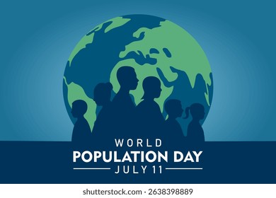 World Population Day on 11th July, banner or poster. Silhouette of diverse people in front of a globe. Vector Illustration