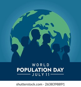 World Population Day on 11th July, banner or poster. Silhouette of diverse people in front of a globe. Vector Illustration