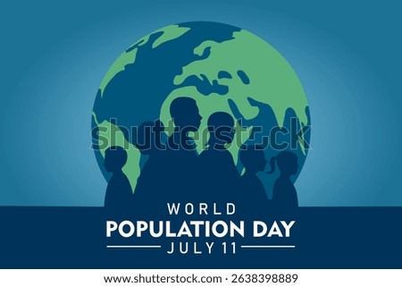 World Population Day on 11th July, banner or poster. Silhouette of diverse people in front of a globe. Vector Illustration