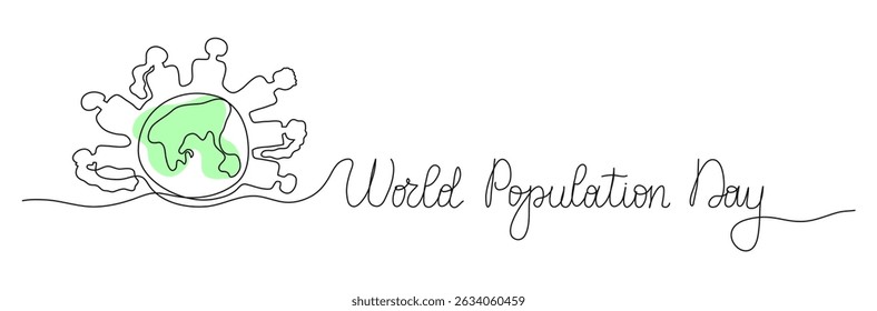 World Population Day one line art background with planet Earth, globe and man woman silhouette. Editable stroke hand drawn lettering. Text banner template. Outline drawing with typography.