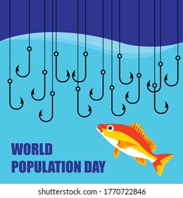 Día mundial de la población, uno con agua y muchos anzuelos de peces que muestran la población y la pérdida de biodiversidad en la tierra. 