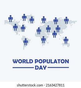 World population Day Poster Banner Vector Design with illustration of people on dotted world map background isolated editable