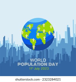 World population day poster design. Hari populasi dunia. Design with globe, people, city silhouette and cloud. 