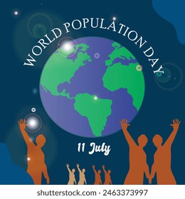 world population day poster, earth day, men raising hand blue background.