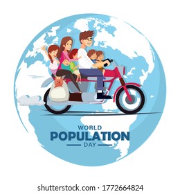 World population day, riding whole family with pet dog on a motorbike, motorcycle around the globe, vector illustration