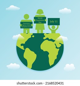 World Population Day Stick Figure Holding Letter Card Around Earth Poster. Graphic Resource Typography. July 11 Vertical Banner. Awareness Against Global Population Issues Abstract Vector Illustration