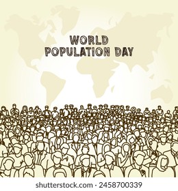 World Population Day vector. World population day background with world map and people, good for banner, poster, social media post.