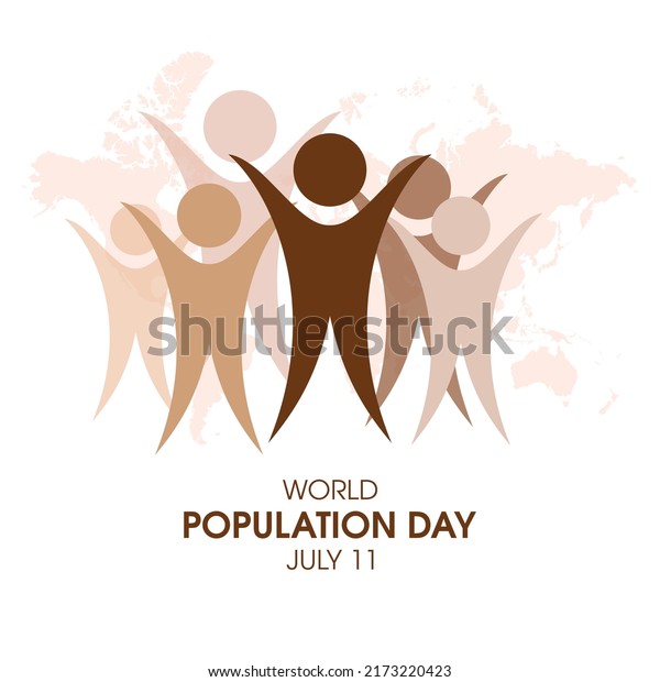 World Population Day vector. Group of multicultural\
people silhouette simple icon vector. Group of figures and world\
map design element. Global overpopulation vector. July 11.\
Important day