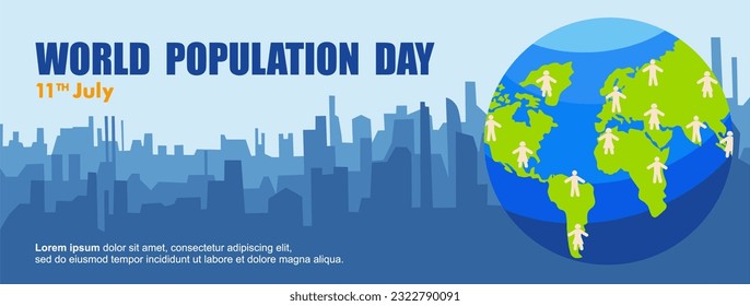 
World population day vector illustration banner. Population day banner with blue city silhouette,people and world globe.