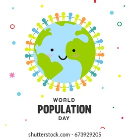 World population day vector illustration, People icon holding hands around cute Earth on colorful geometry shape background. 