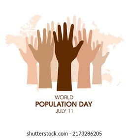 World Population Day vector. Raised hands vector. Human hands with different skin colors silhouette icon vector. Global overpopulation design element. July 11. Important day