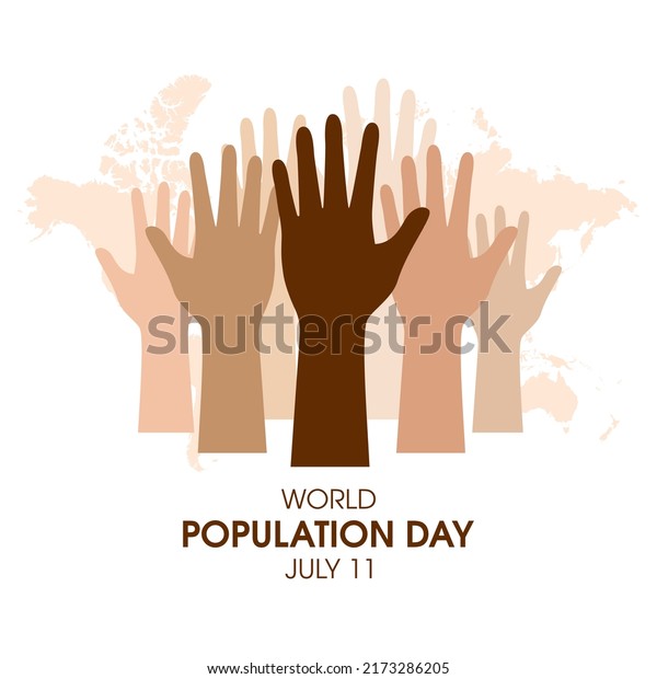 World Population\
Day vector. Raised hands vector. Human hands with different skin\
colors silhouette icon vector. Global overpopulation design\
element. July 11. Important\
day