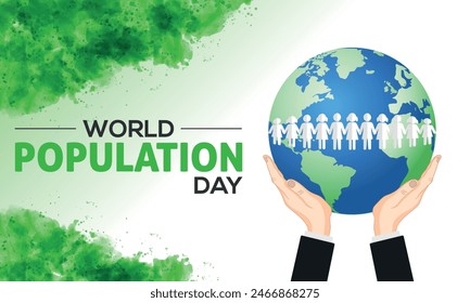World Population Day watercolor template. Two hands holding earth, globe, and world map 3D vector illustration