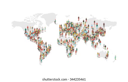 World population density map, with vector characters located in the most populated eras, white background