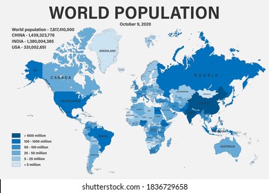 World population on political map with scale, borders and countries