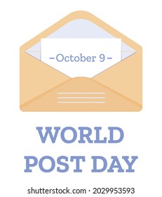 World Post Day 9 October banner with open envelope with note. Vector illustration isolated on white background. Holiday poster design