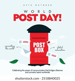 Día Mundial del Correo. Concepto de Anuncio de la celebración del día del poste del 9 de octubre con el buzón rojo, letras alrededor de él. El día reconoce la importancia de los servicios postales y el papel que desempeñan en la conexión de las personas.