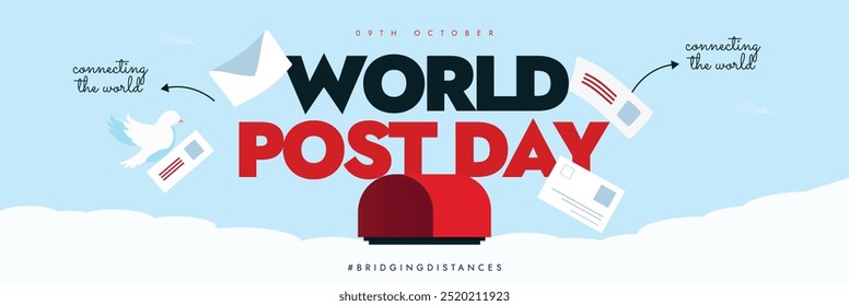 Anuncio de portada de la celebración del 9 de octubre del Día Mundial del Correo. Diseño del Anuncio del día del poste con la caja roja del poste, letras que vuelan en cielo, palomas. El día reconoce la importancia de los servicios postales para conectar el mundo