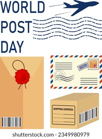 Weltposttag. Flugzeug, Umschlag und Pakete. Postzustellung. Poster, Banner.