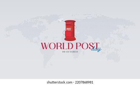 World Post Day. Background. October 9th. Postbox and Airplane icon design from Origami In Vector Shape, and world map background. Suitable For Banners etc
