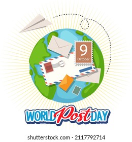 World Post Day banner with envelope and stamp on earth illustration
