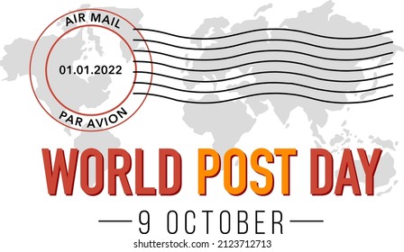 World Post Day banner with postmark on world map illustration